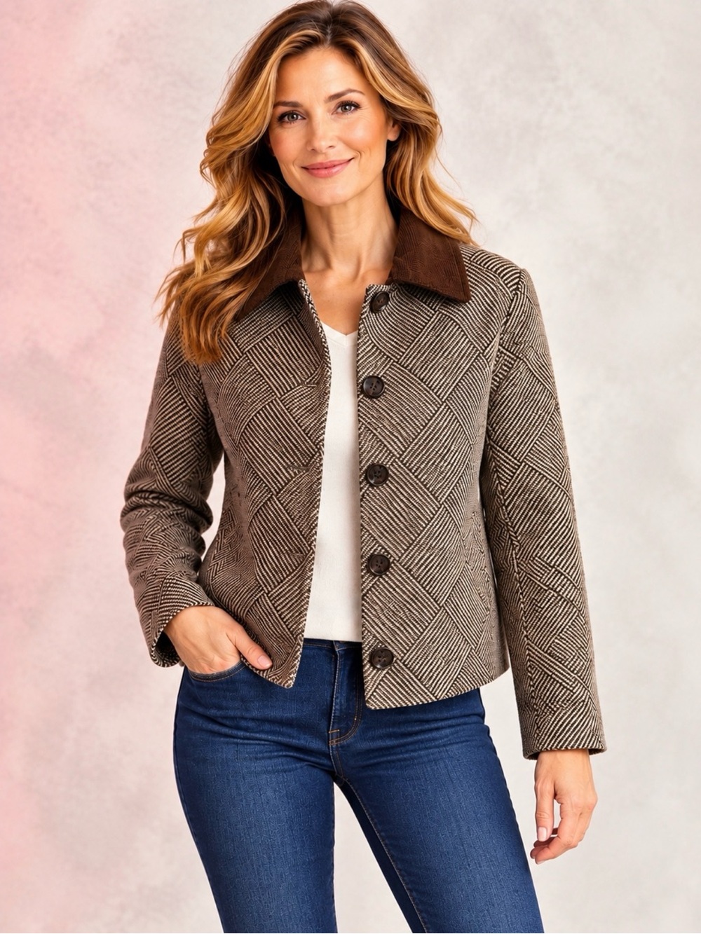 NWT Bagatelle Collection Brown Herringbone Plaid Cropped Jacket Medium